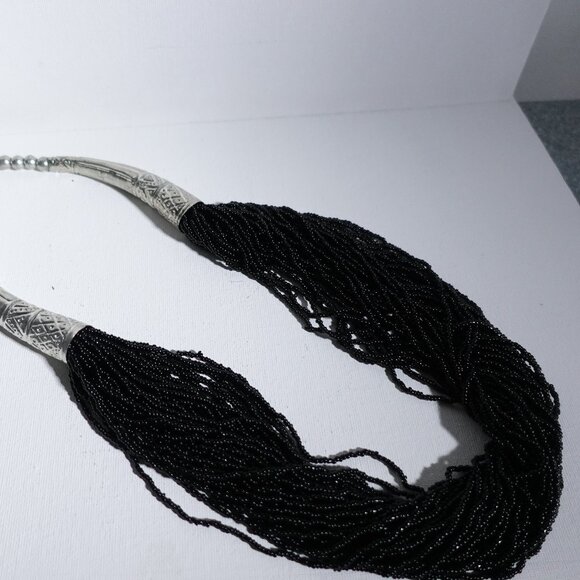 Vintage Black Beaded Necklace with Silver-Tone Accents - Picture 2 of 8